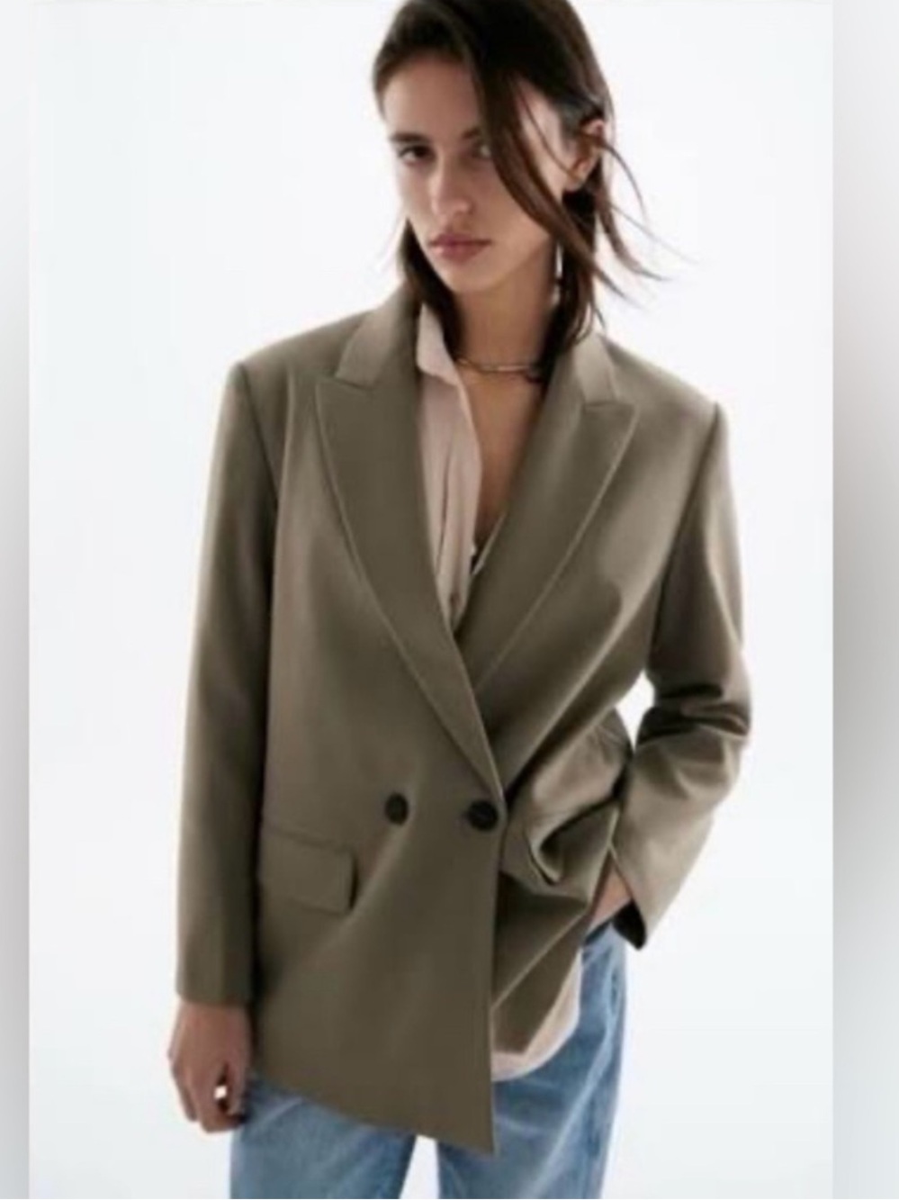 Zara Olive/Khaki Green Oversized Double-Breasted Blazer